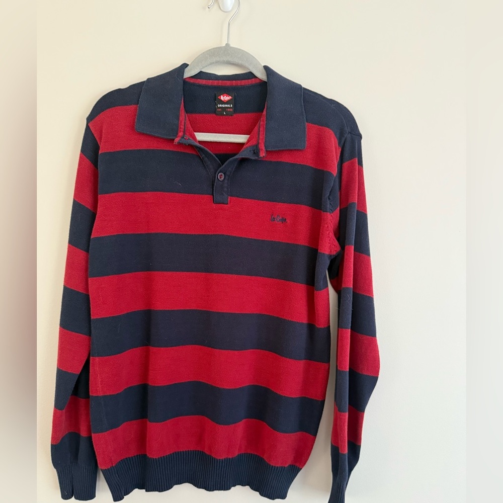 Lee Cooper Men's Button V-Neck Striped Sweater - Red and Navy